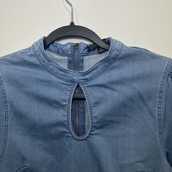 Bodycon Denim Cutout Above Knee Dress Puff Sleeves Size Large - Picture 2 of 7